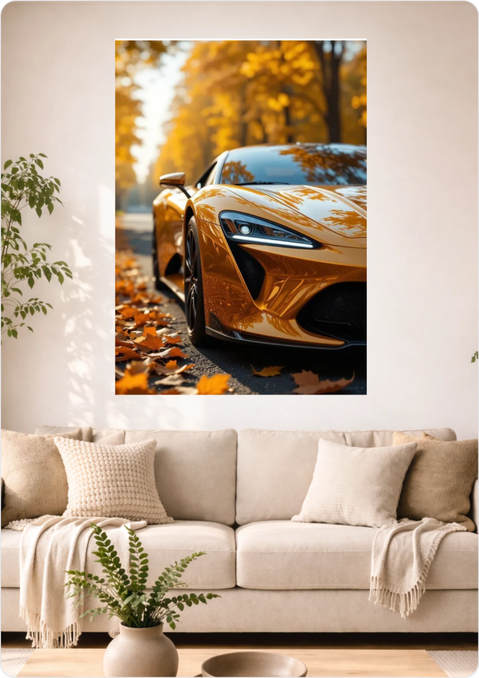Affiche Voiture Sportive Orange en Automne A3 Sans Cadre – Poster Supercar Luxe et Feuilles d’Automne